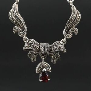 Art Deco Style Sterling Silver Garnet and Marcasite Ribbon Necklace